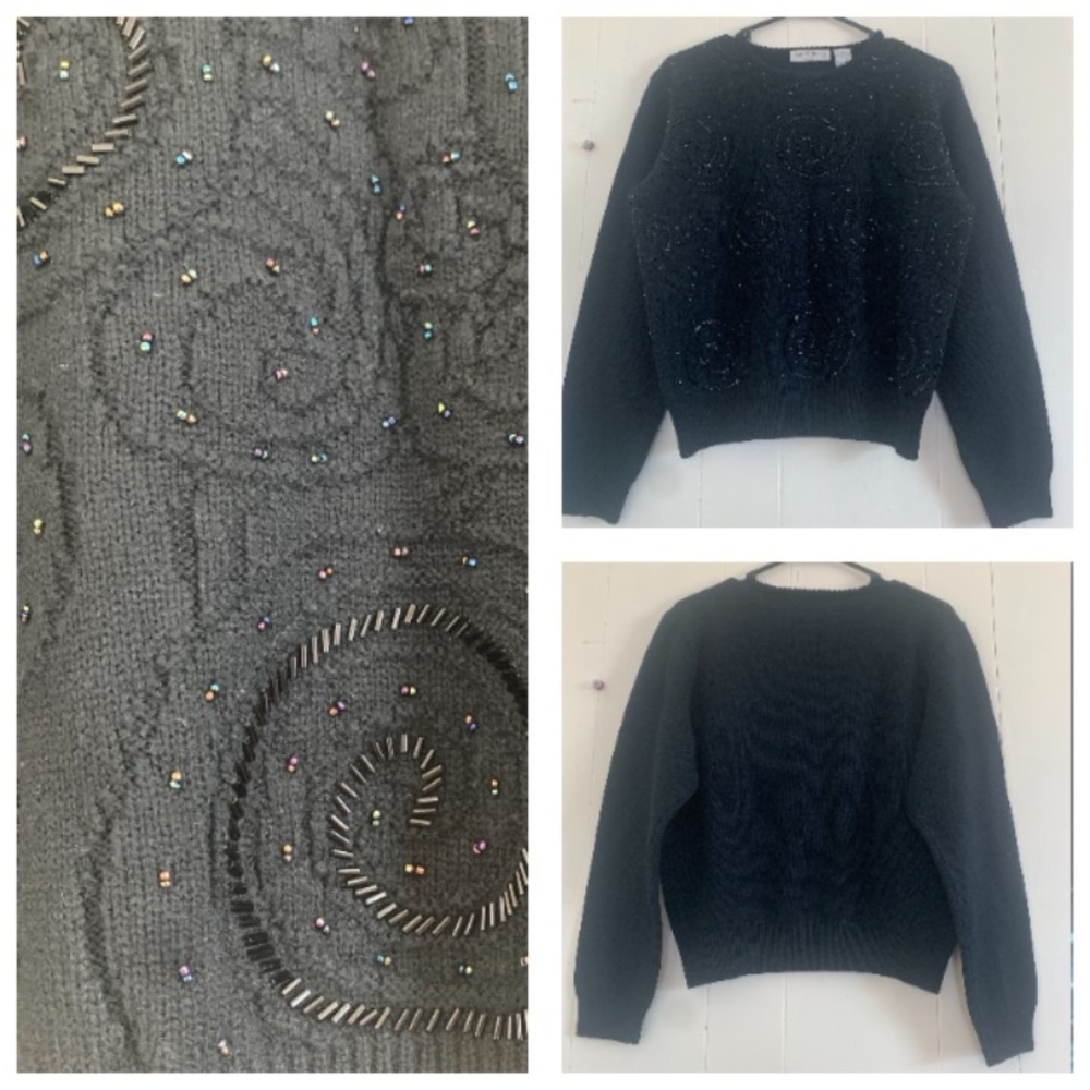 Vintage Liz Clairbone Collection Black Sparkly Lamb Wool Sweater Size Small.